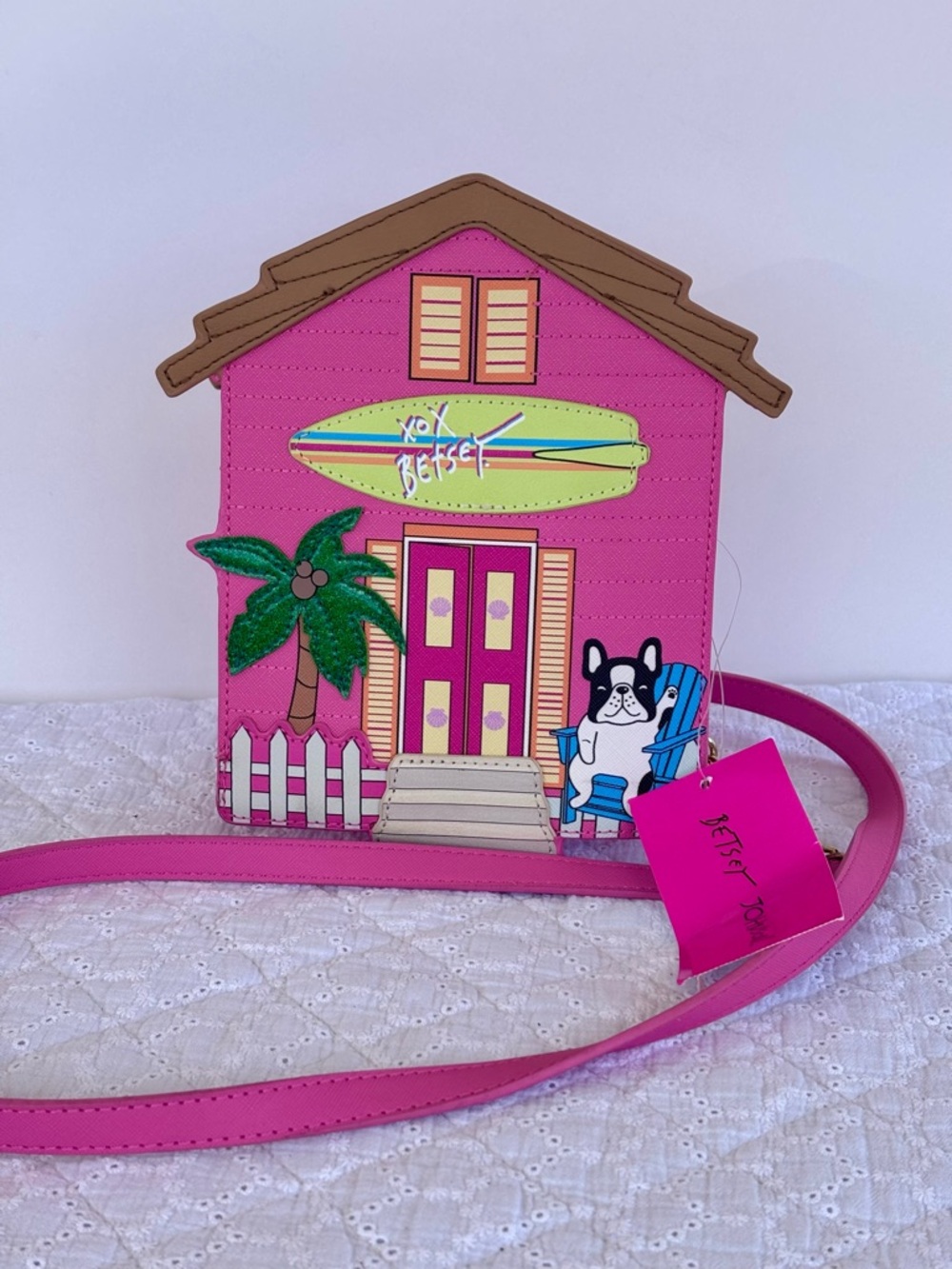 Betsey Johnson Pink Beach House Shaped Crossbody Bag with Lime Surfboard dog